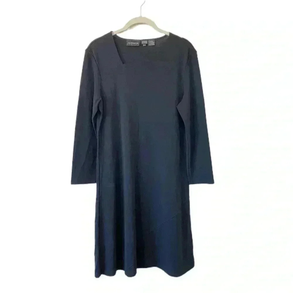 Liz Claiborne Black Dress Size Medium Asymmetrical Neckline Long Sleeves Office
